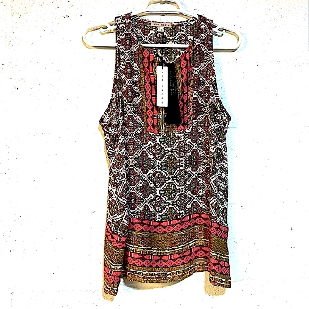 NWT RED HAUTE brown red gold tribal print keyhole floaty tank chiffon tassels S